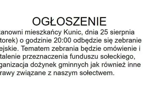 Zebranie wiejskie w Kunicach – ustalą fundusz sołecki i dożynki
