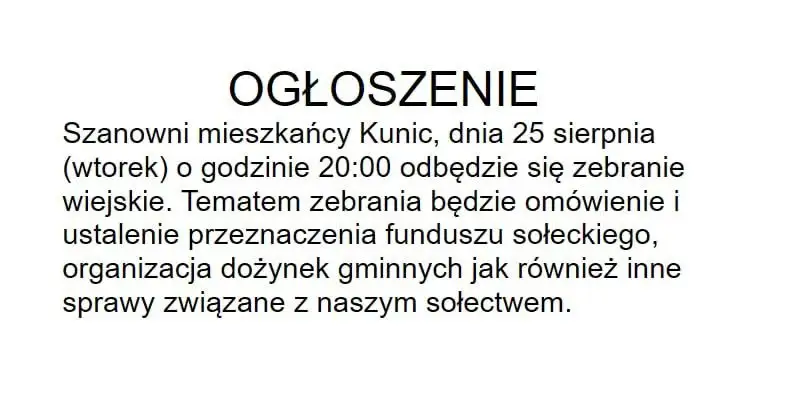 Zebranie wiejskie w Kunicach – ustalą fundusz sołecki i dożynki