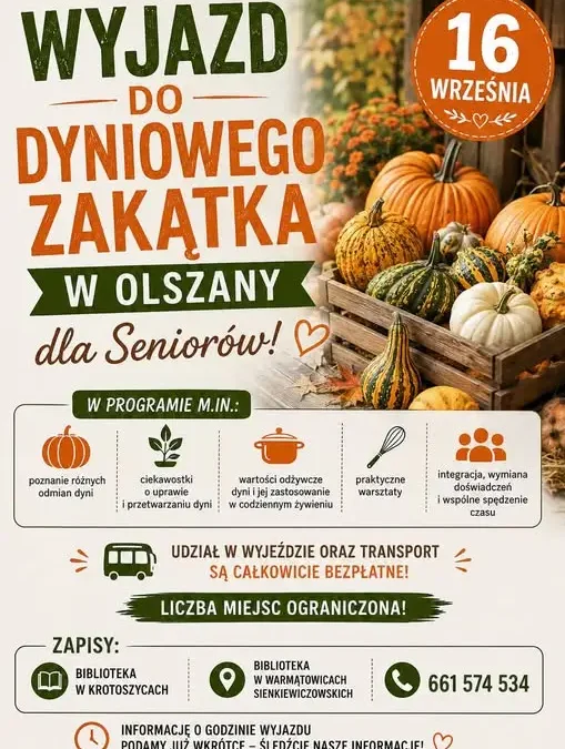 Seniorzy z Krotoszyc i Warmątowic pojadą do Dyniowego Zakątka w Olszanach