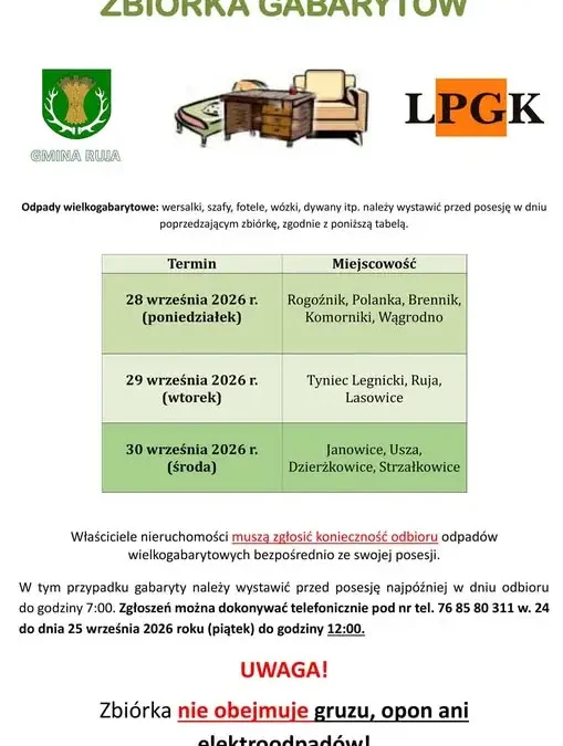 Zbiórka odpadów wielkogabarytowych w gminie Ruja – 29 września 2026