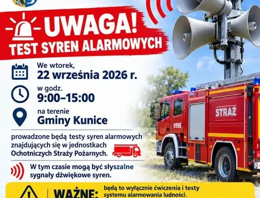 Gmina Kunice: test syren alarmowych OSP – 22 września 2026