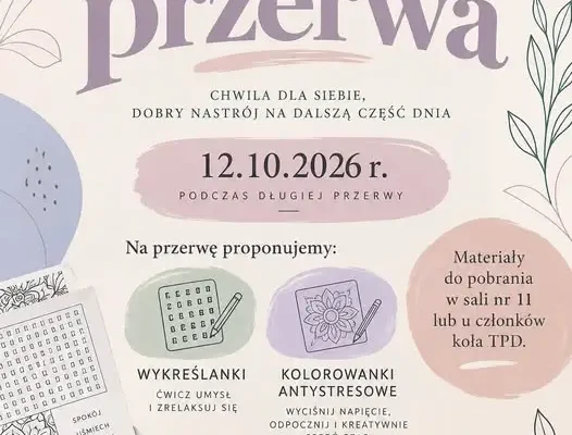 Szkolne Koło TPD zaprasza na „Dobrą przerwę” – wykreślanki i kolorowanki antystresowe