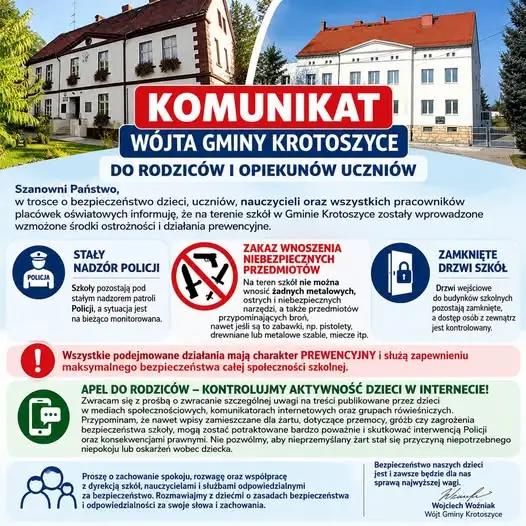 Wójt Gminy Krotoszyce wprowadza wzmożone środki bezpieczeństwa w szkołach
