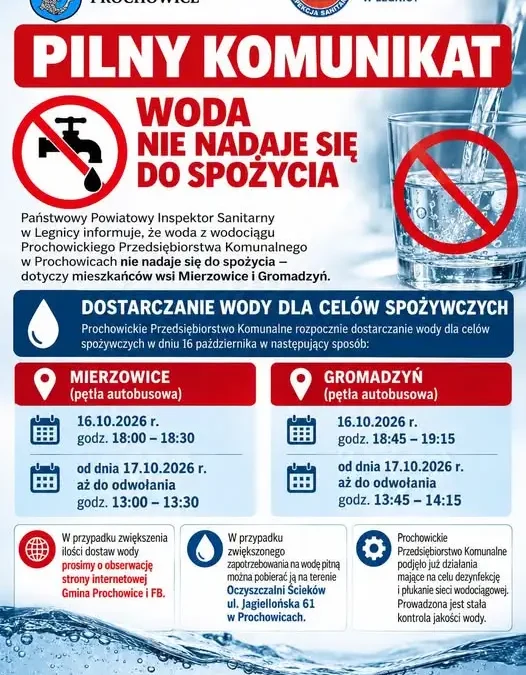 Woda z wodociągu w Prochowicach niezdatna do picia – mieszkańcy Mierzowic i Gromadzynia bez dostępu do czystej wody