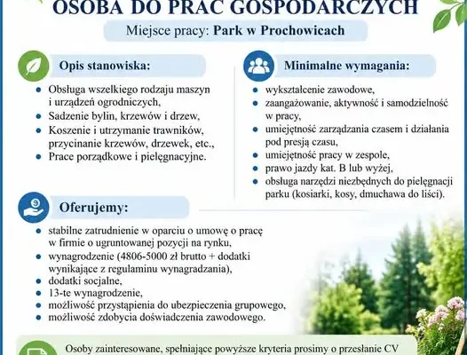 Prochowice szukają pracownika do pielęgnacji parku – oferta z wynagrodzeniem do 5000 zł