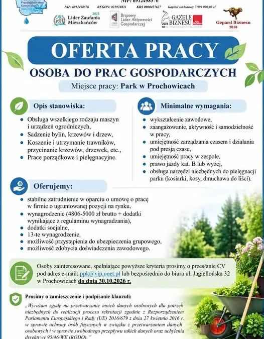 Prochowice szukają pracownika do pielęgnacji parku – oferta z wynagrodzeniem do 5000 zł