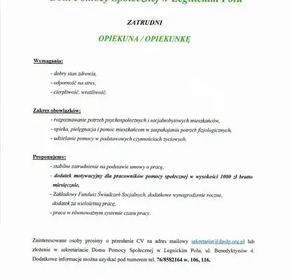 Dom Pomocy Społecznej w Legnickim Polu szuka opiekunów