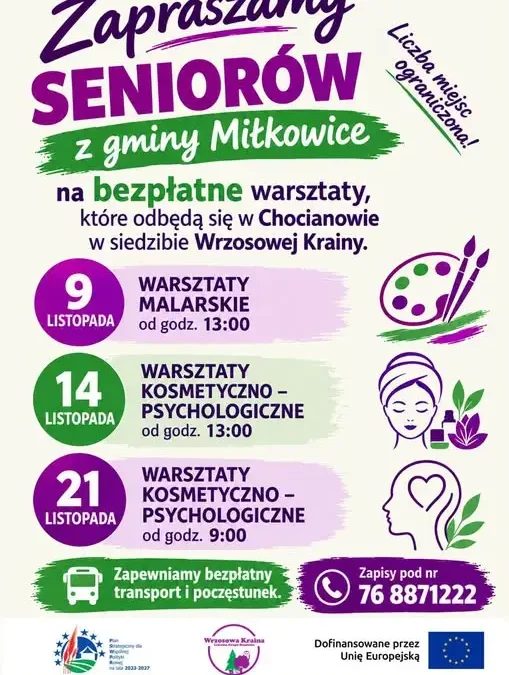 Bezpłatne warsztaty dla seniorów z Gminy Miłkowice – malarstwo, kosmetyka i psychologia