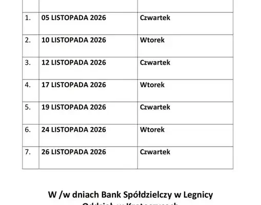 Bank Spółdzielczy w Legnicy – Oddział w Krotoszycach: nowe godziny otwarcia i harmonogram na listopad 2026