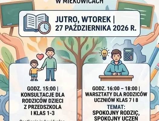 Szkoła zaprasza rodziców na konsultacje z psychologiem i warsztaty o egzaminie ósmoklasisty