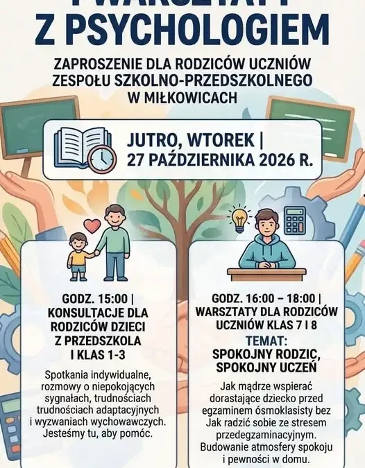 Szkoła zaprasza rodziców na konsultacje z psychologiem i warsztaty o egzaminie ósmoklasisty
