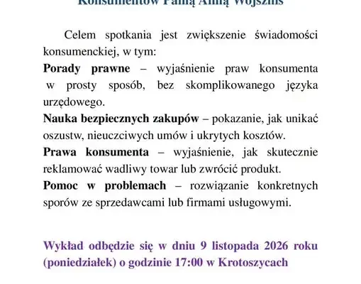 Bezpłatne porady konsumenckie w Krotoszycach – spotkanie z rzecznikiem