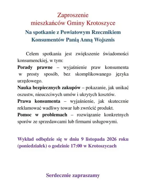 Bezpłatne porady konsumenckie w Krotoszycach – spotkanie z rzecznikiem